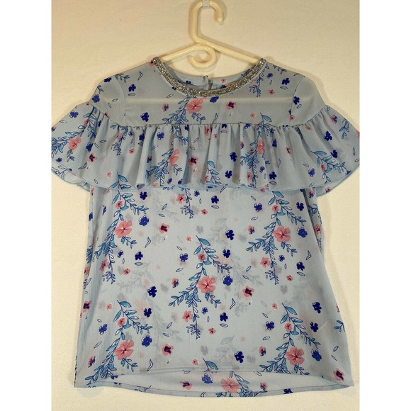 Juicy Couture Tops - Juicy Couture Floral Rhinestone Ruffle Blouse Size XS Light Blue Pink Top